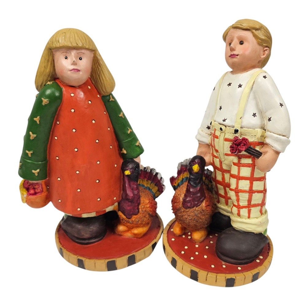 Midwest of Cannon Falls Thanksgiving Pilgrim Boy Girl Turkey Figurines Set‎ 2